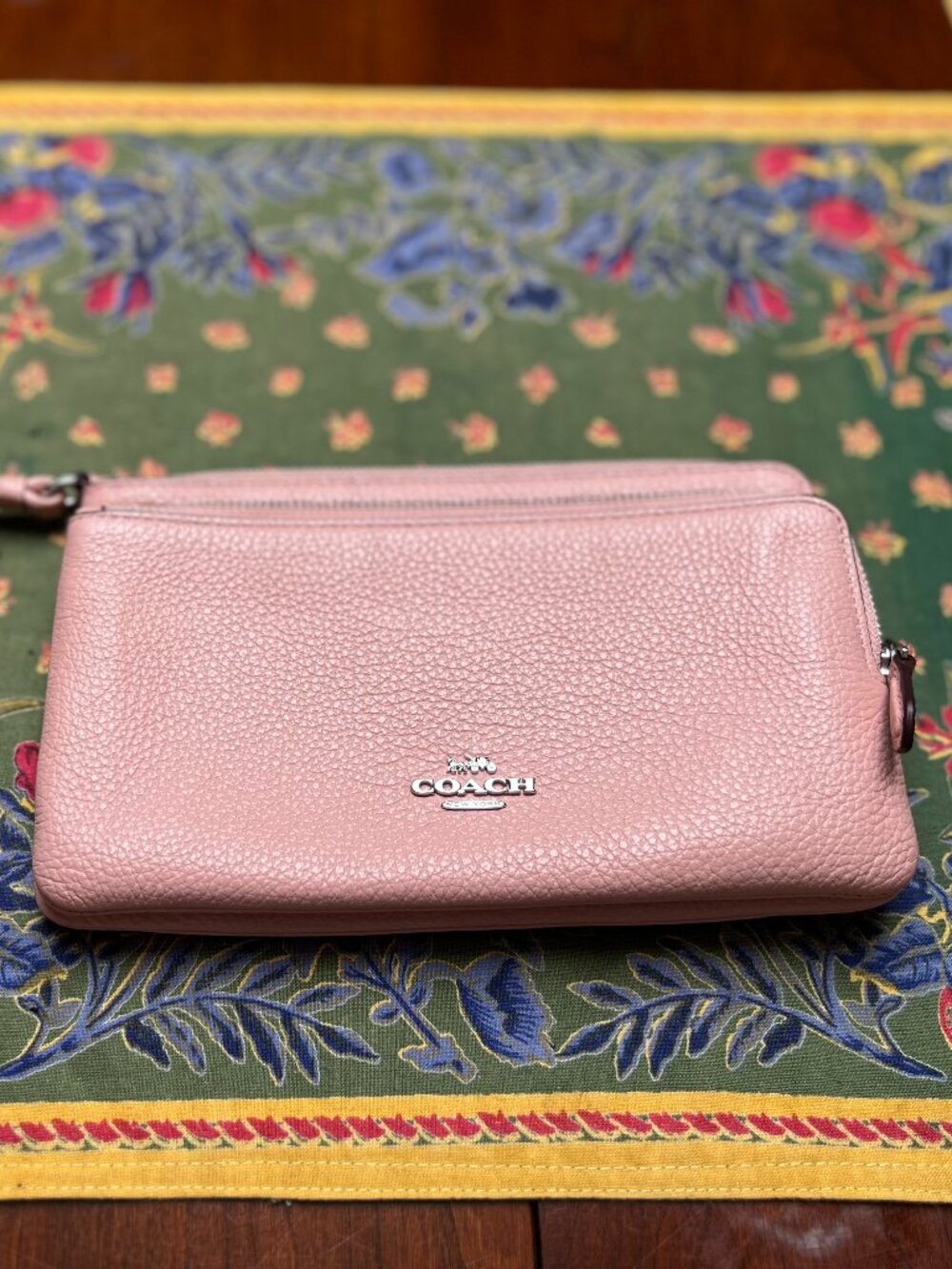 Coach Blush Pink Pebbled Leather Double Zip Wristlet Wallet